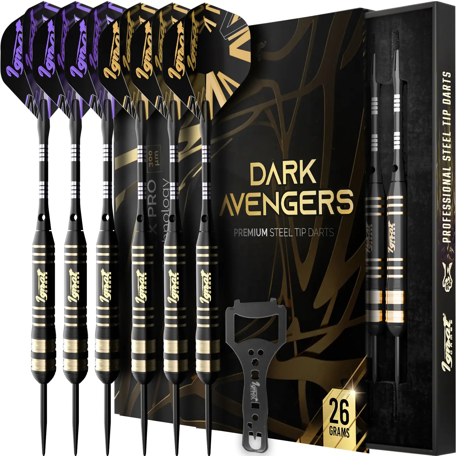 Steel Tip Darts 6 pack Set - Dark Avenger 26 grams