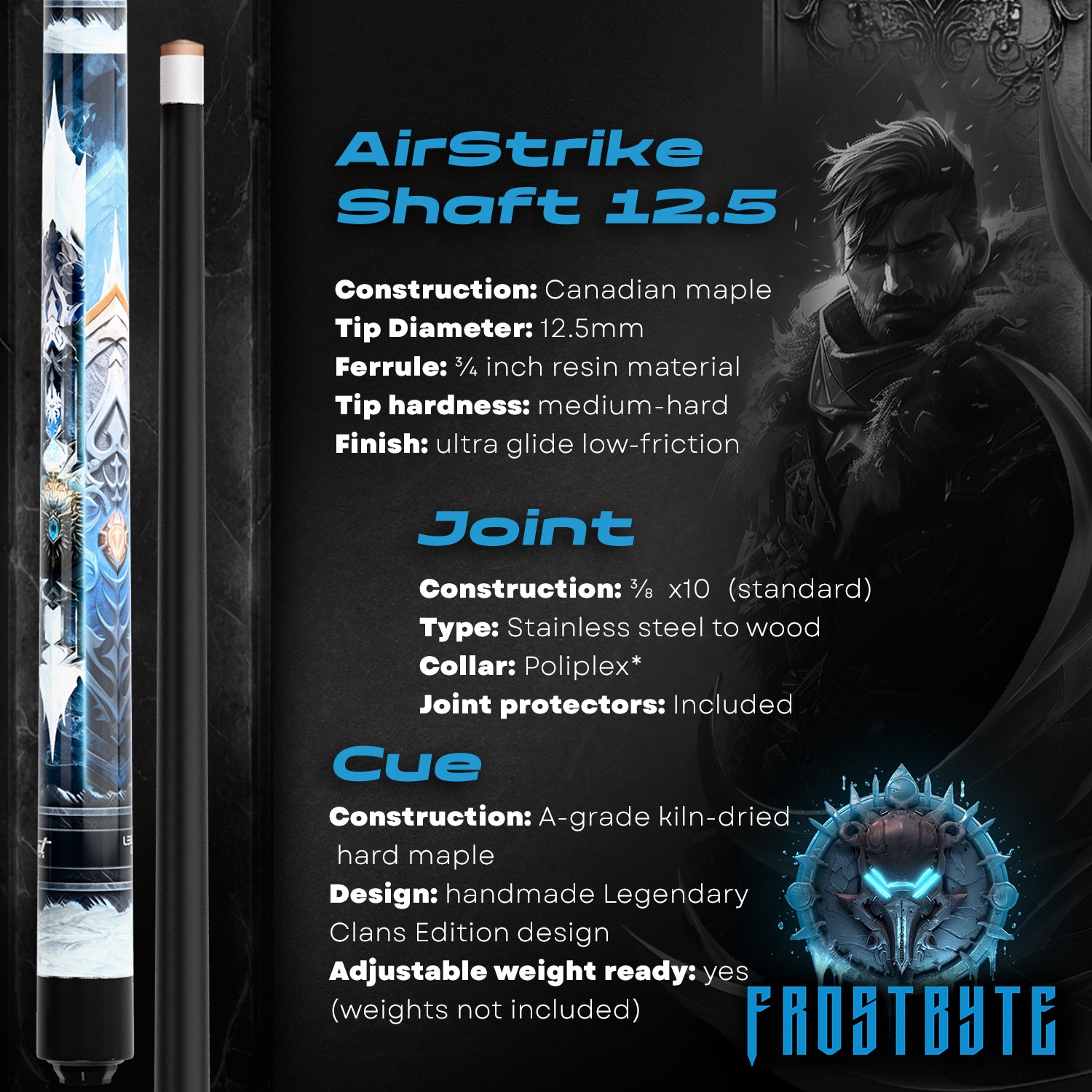 Pool Cue Stick - 2-piece, 19/20/21 oz, 58" Canadian Maple - Frostbyte