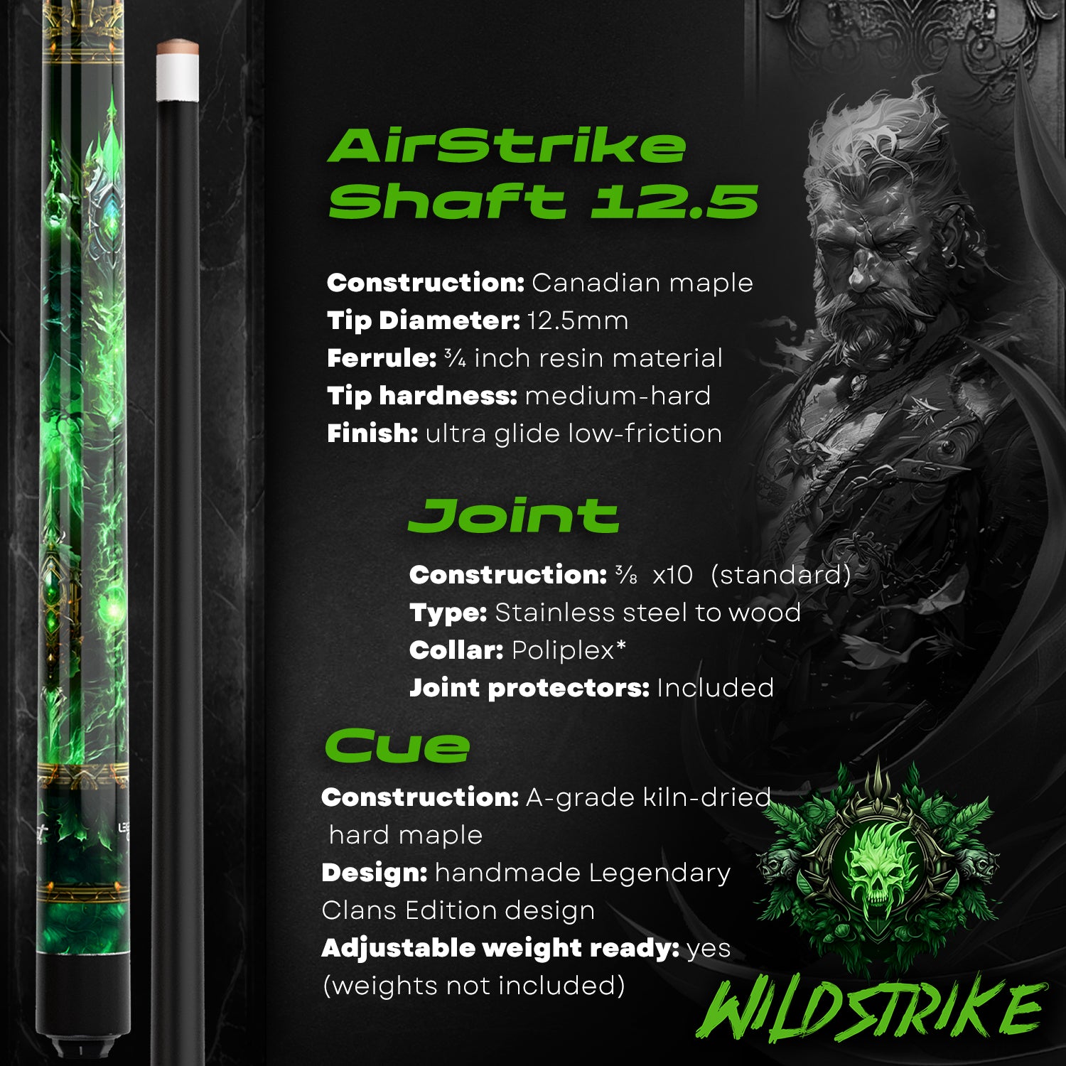 Pool Cue Stick - 2-piece, 19/20/21 oz, 58" Canadian Maple - Wildstrike