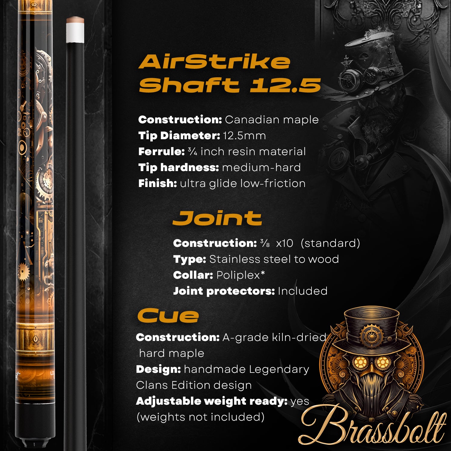 Pool Cue Stick - 2-piece, 19/20/21 oz, 58" Canadian Maple - Brassbolt