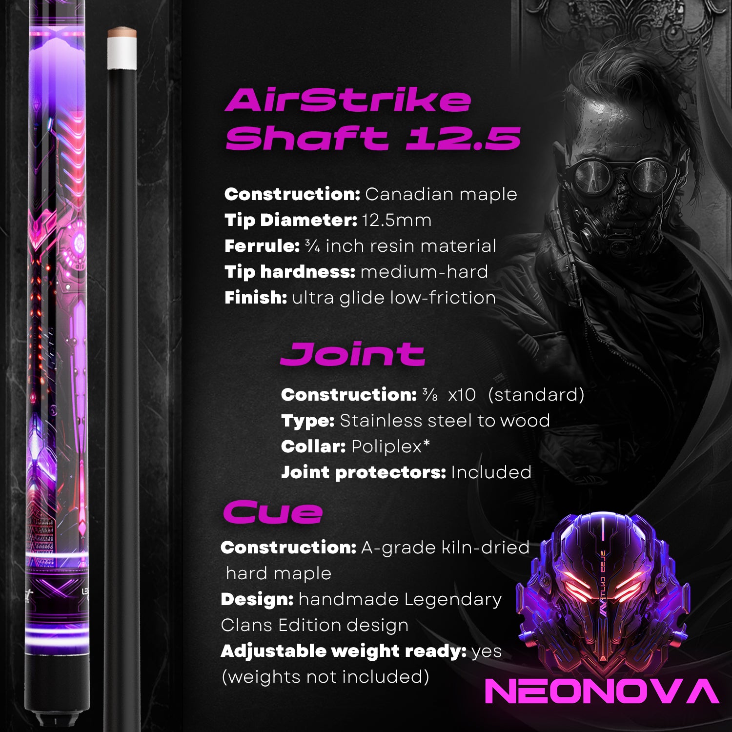 Pool Cue Stick - 2-piece, 19/20/21 oz, 58" Canadian Maple - Neonova