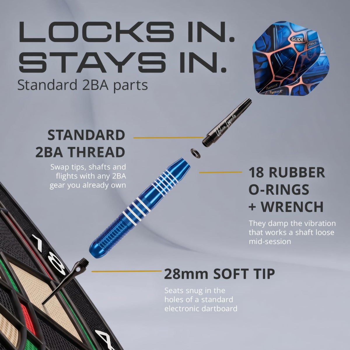 Parts of the IgnatGames Urban Legends LA Starlight soft tip dart: 2BA thread, rubber O-rings and 28 mm soft tip