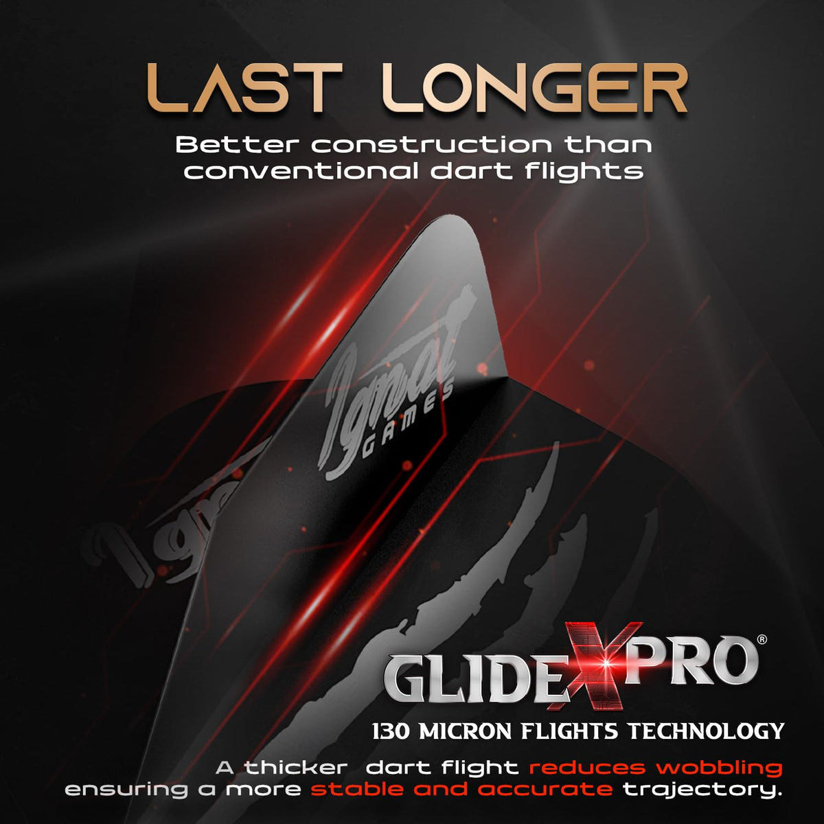 Close-up of an IgnatGames GlideXPro 130 micron dart flight