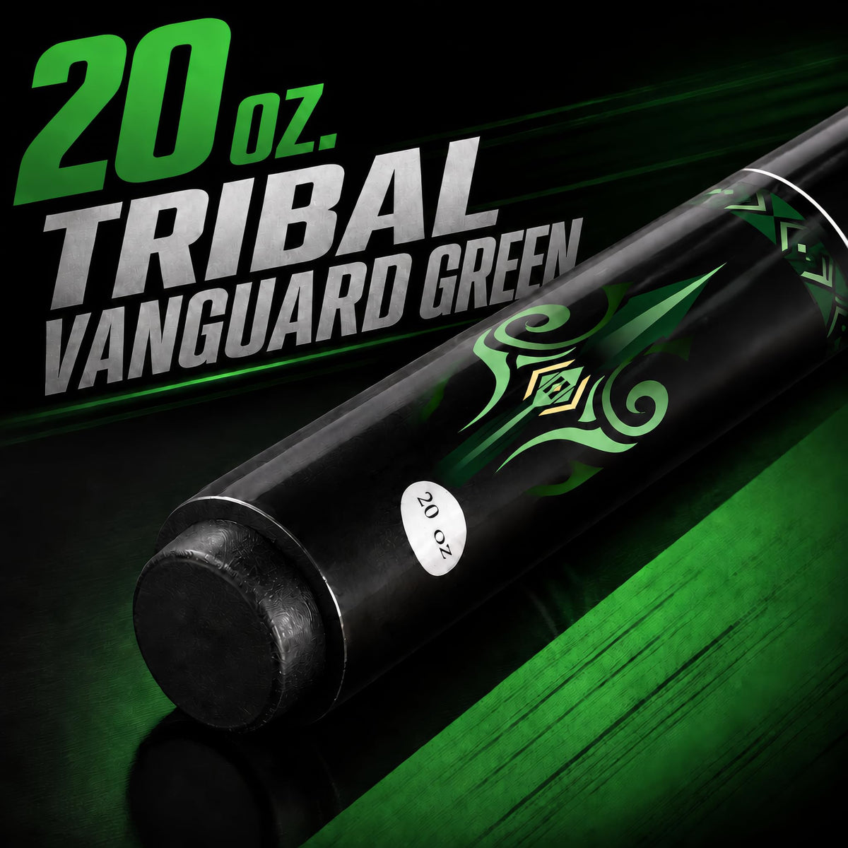 Butt of the IgnatGames Tribal Vanguard Green pool cue with the 20 oz weight mark