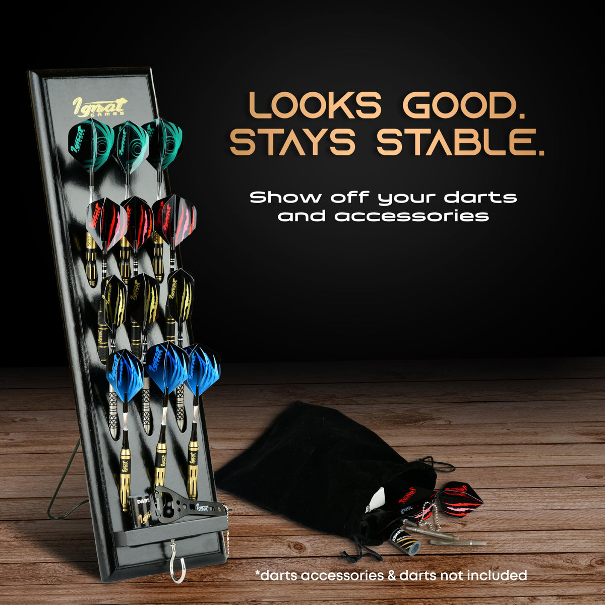 IgnatGames dart holder with darts on a table next to a velvet storage bag