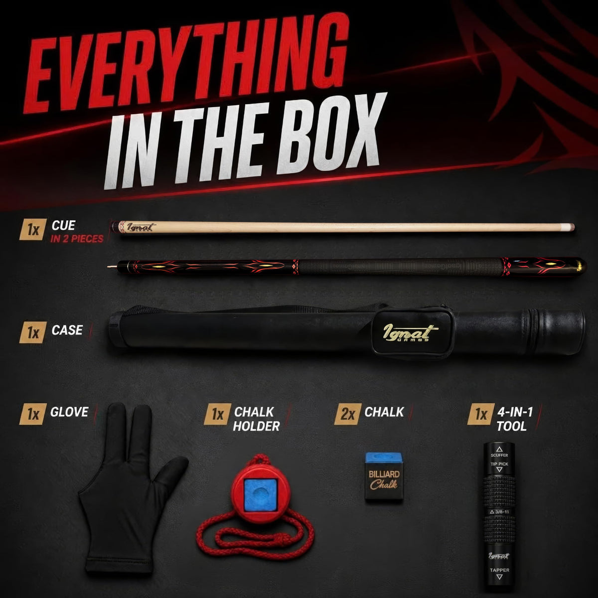 Contents of the IgnatGames Tribal Vanguard Red pool cue set: two-piece cue, case, glove, chalk holder, two chalks and 4-in-1 tool