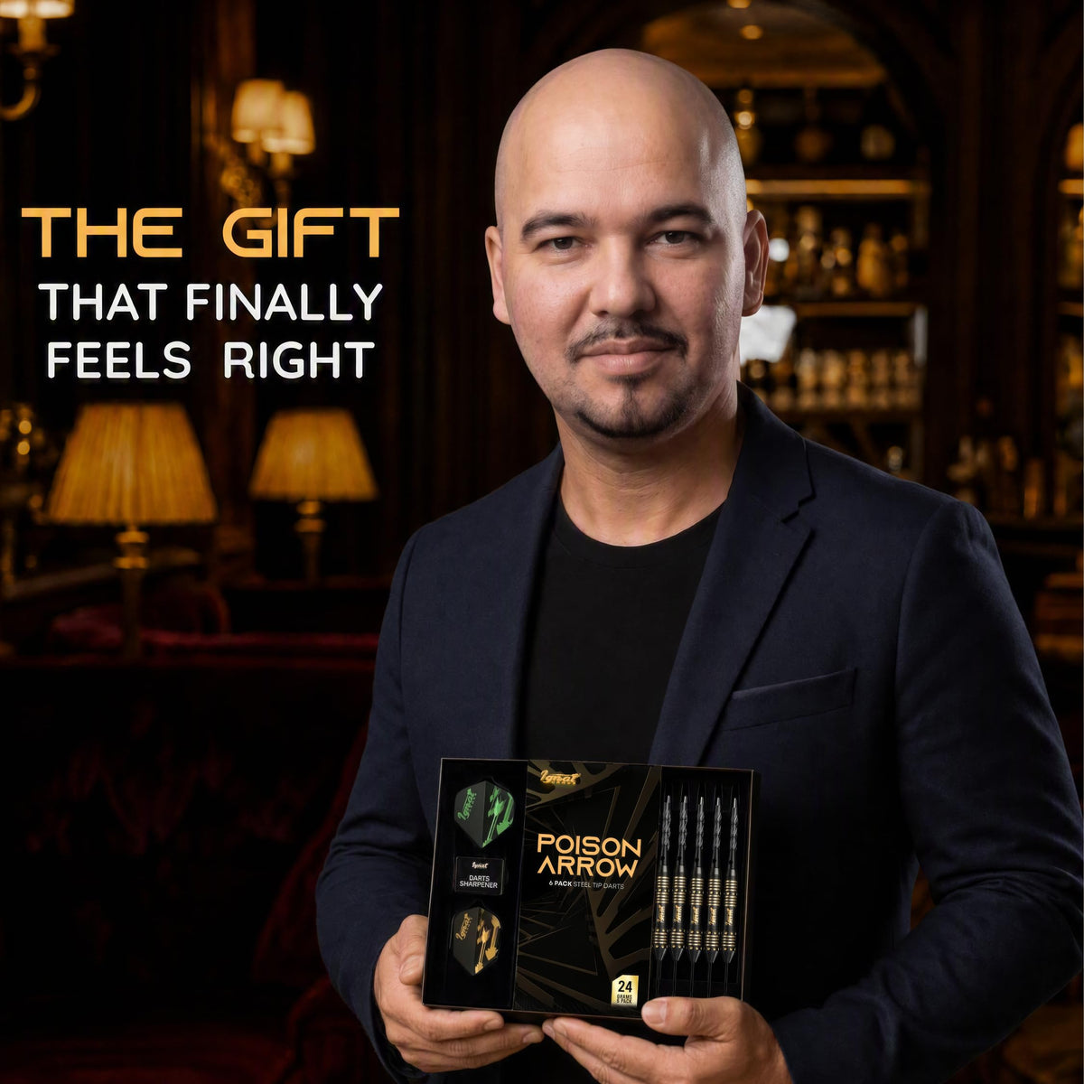 Man presenting the IgnatGames Darkborn Poison Arrow 24 g darts gift box