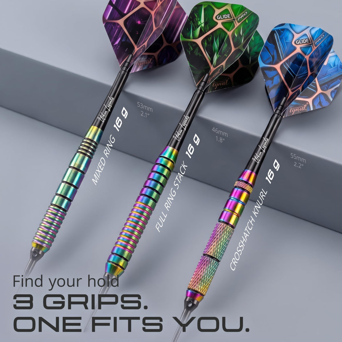 Three IgnatGames Urban Legends Vegas Lights soft tip darts with three different grip patterns