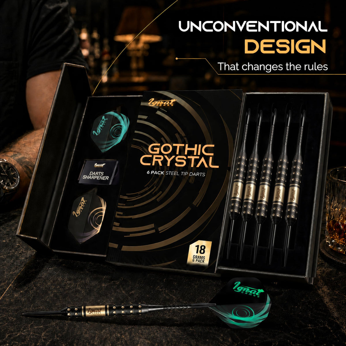 IgnatGames Darkborn Gothic Crystal 18 g steel tip darts in the open gift case with spare flights and sharpener