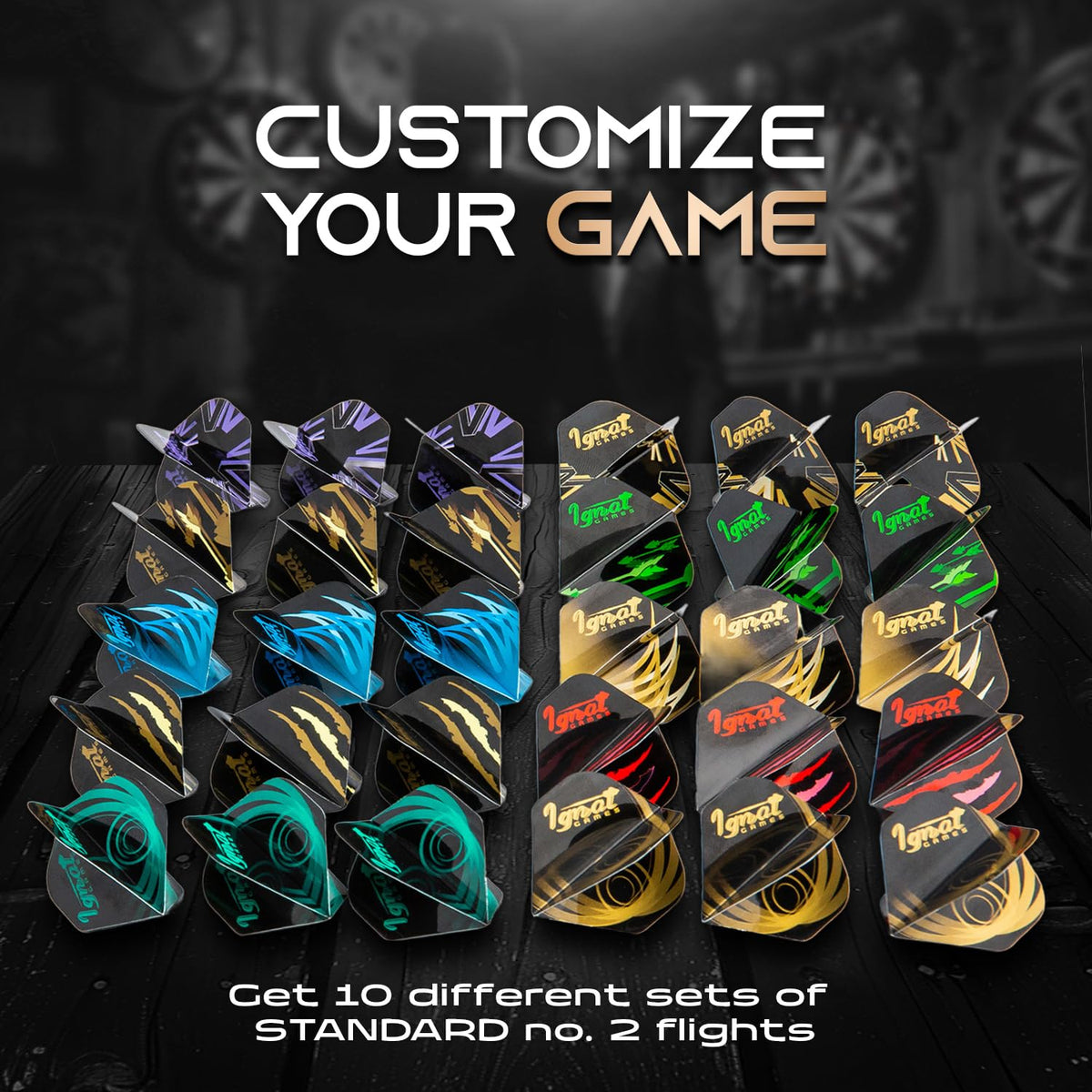 Ten sets of IgnatGames standard No. 2 dart flights laid out by design