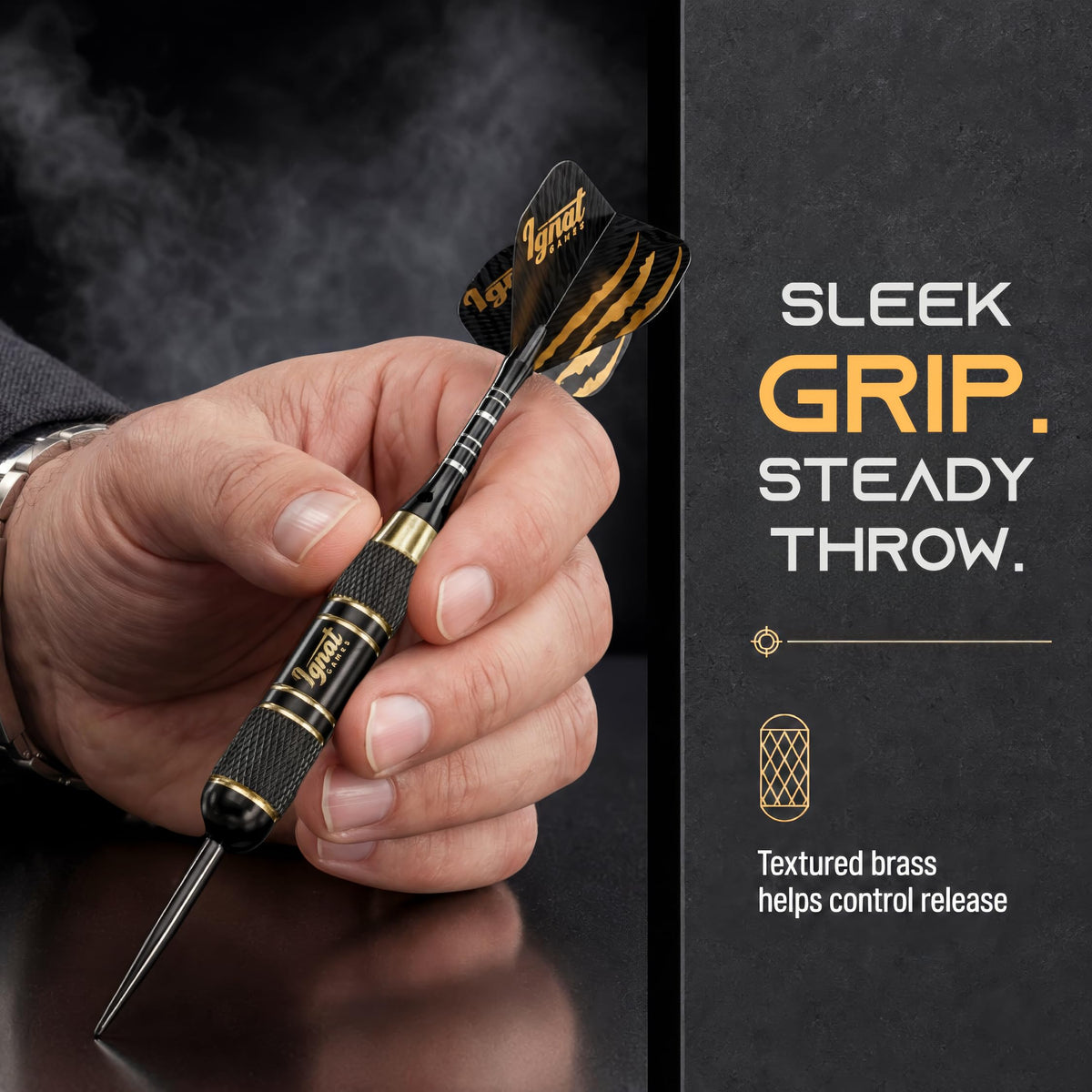 Hand holding an IgnatGames Darkborn Midnight Shadow 20 g steel tip dart