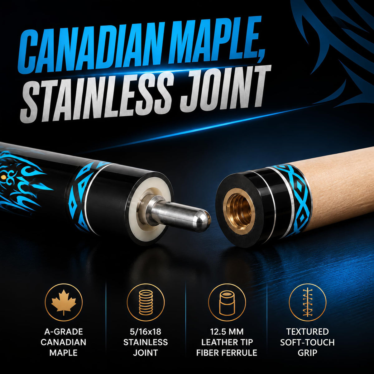 Stainless steel joint and Canadian maple shaft of the IgnatGames Tribal Vanguard Blue pool cue