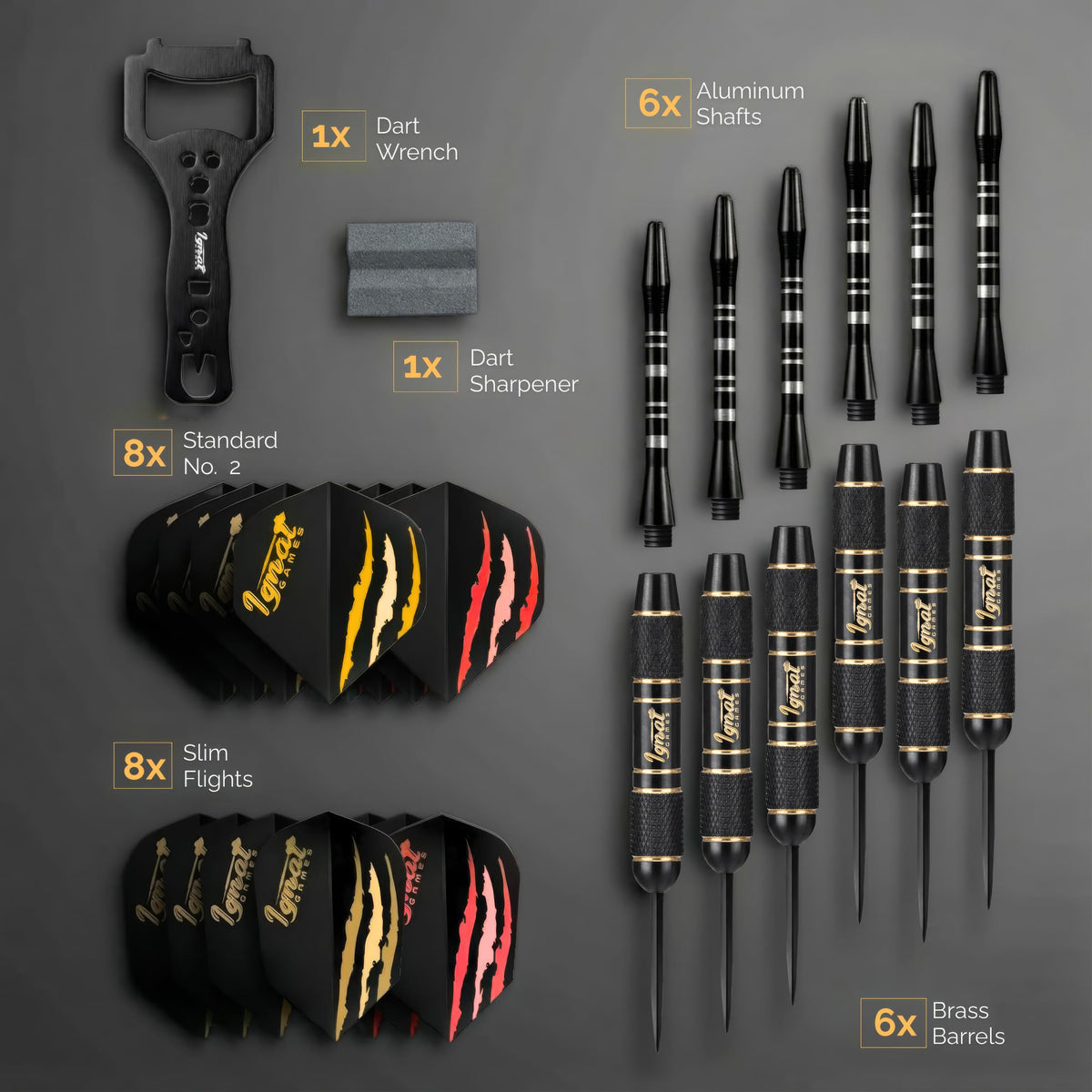 Contents of the IgnatGames Darkborn Midnight Shadow 20 g set: 6 brass barrels, 6 aluminum shafts, 8 standard and 8 slim flights, wrench and sharpener