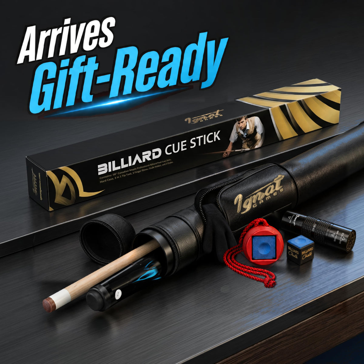 IgnatGames Tribal Vanguard Blue pool cue in its case next to the gift box, with chalk holder and chalk