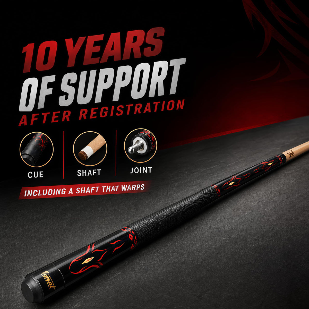 IgnatGames Tribal Vanguard Red pool cue with the 10-year support after registration for cue, shaft and joint