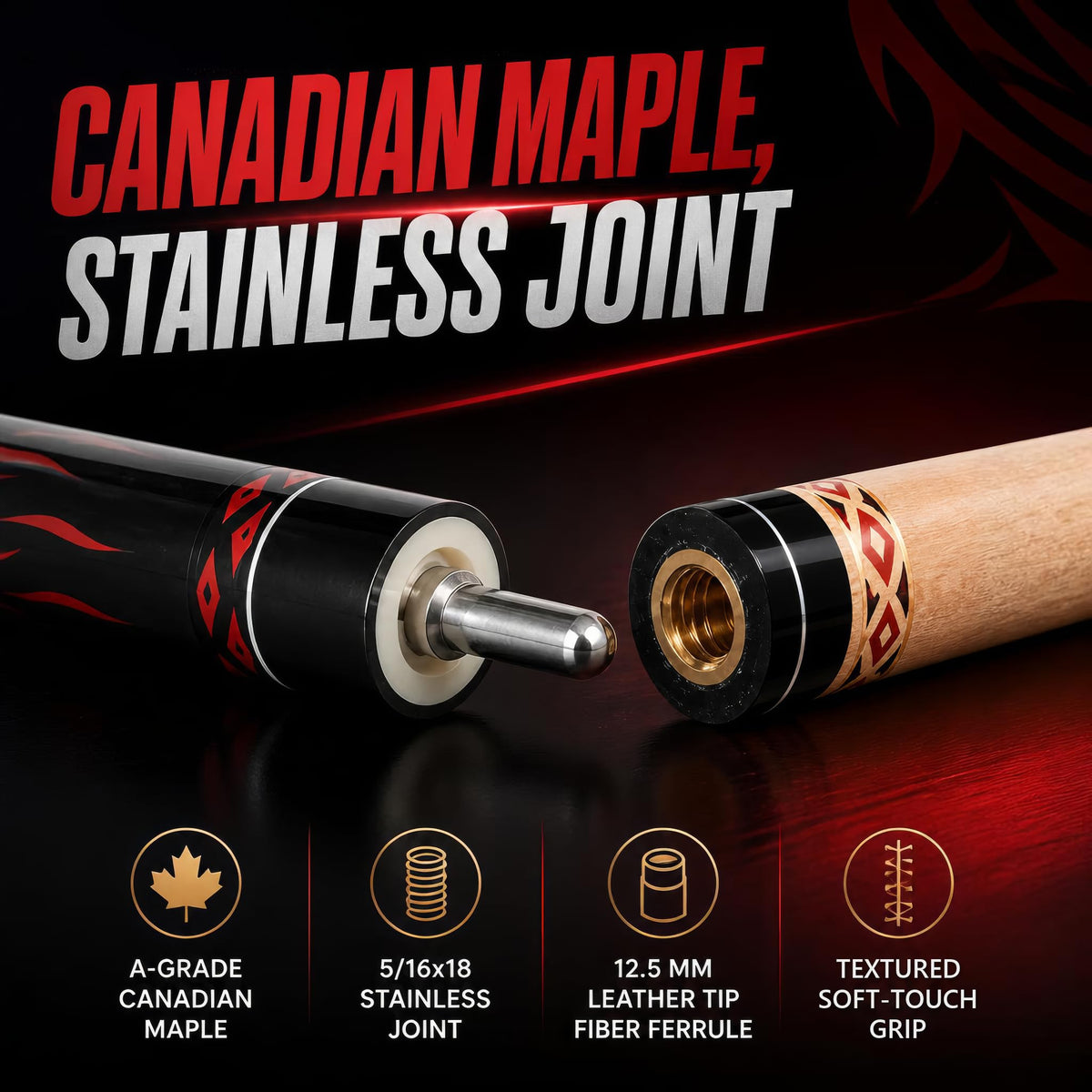 Stainless steel joint and Canadian maple shaft of the IgnatGames Tribal Vanguard Red pool cue