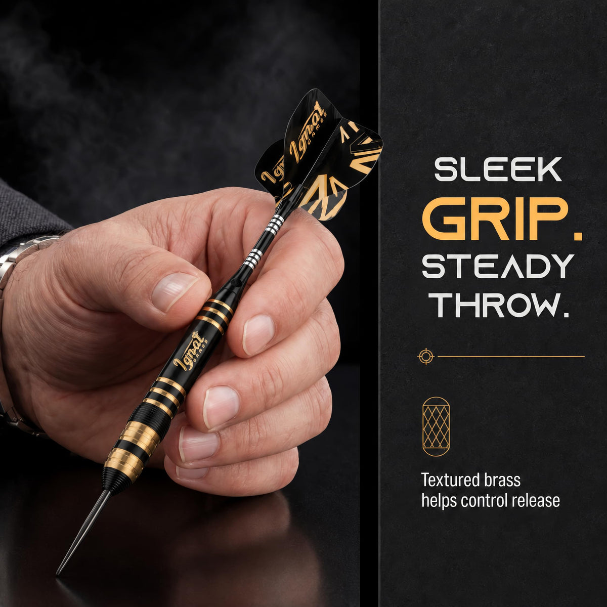 Hand holding an IgnatGames Darkborn Dark Avenger 26 g steel tip dart