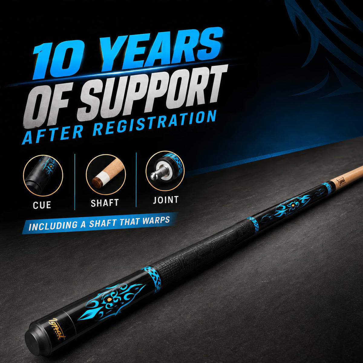 IgnatGames Tribal Vanguard Blue pool cue with the 10-year support after registration for cue, shaft and joint