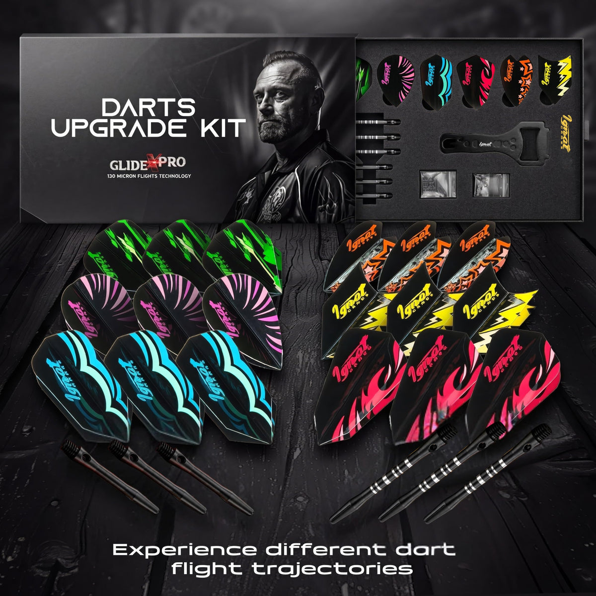IgnatGames Darts Upgrade Kit box with flights and shafts laid out