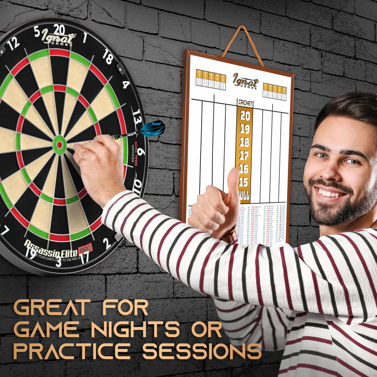 Smiling player at a dartboard next to the IgnatGames dart scoreboard
