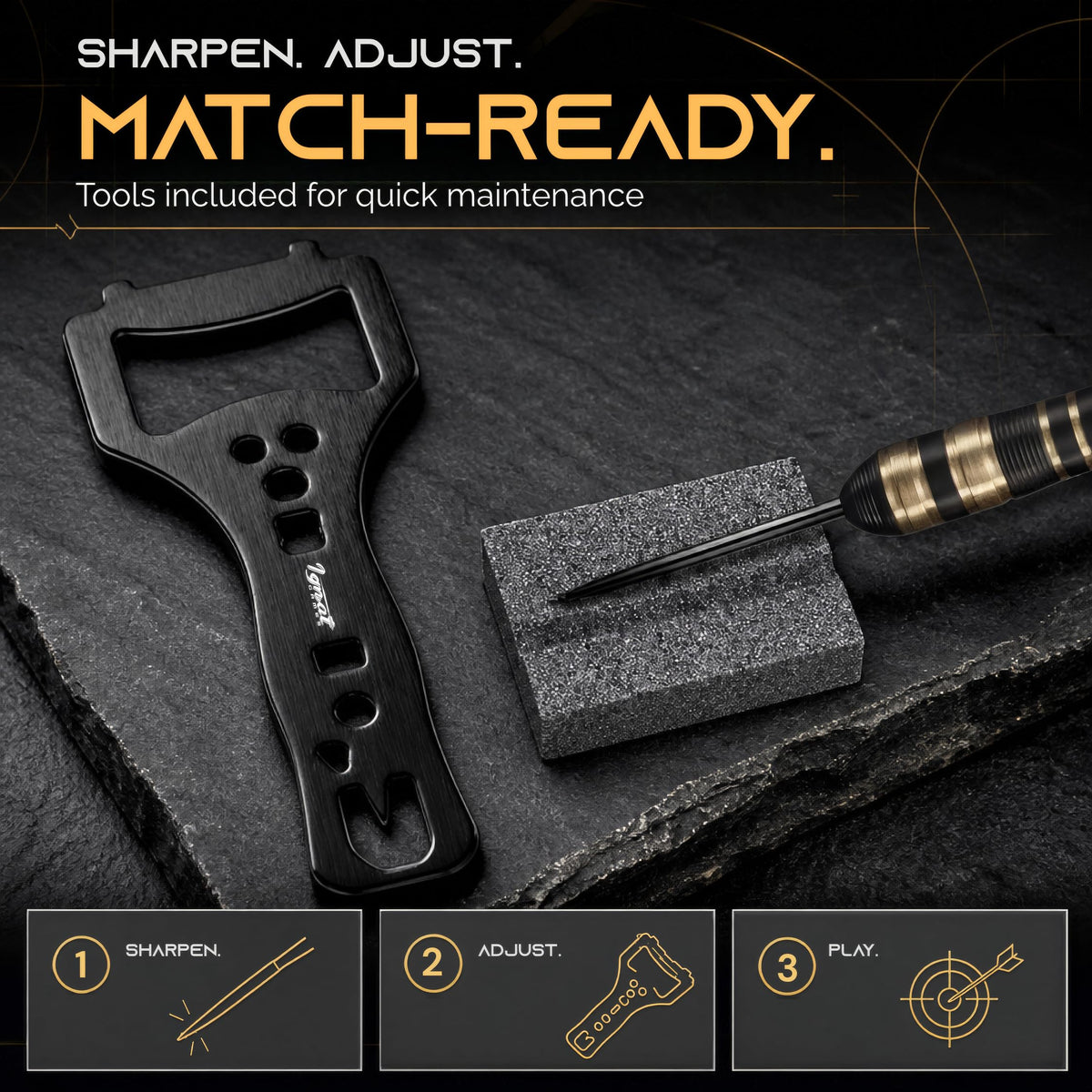 Dart wrench and dart sharpener included with the IgnatGames Darkborn Dark Avenger 26 g darts