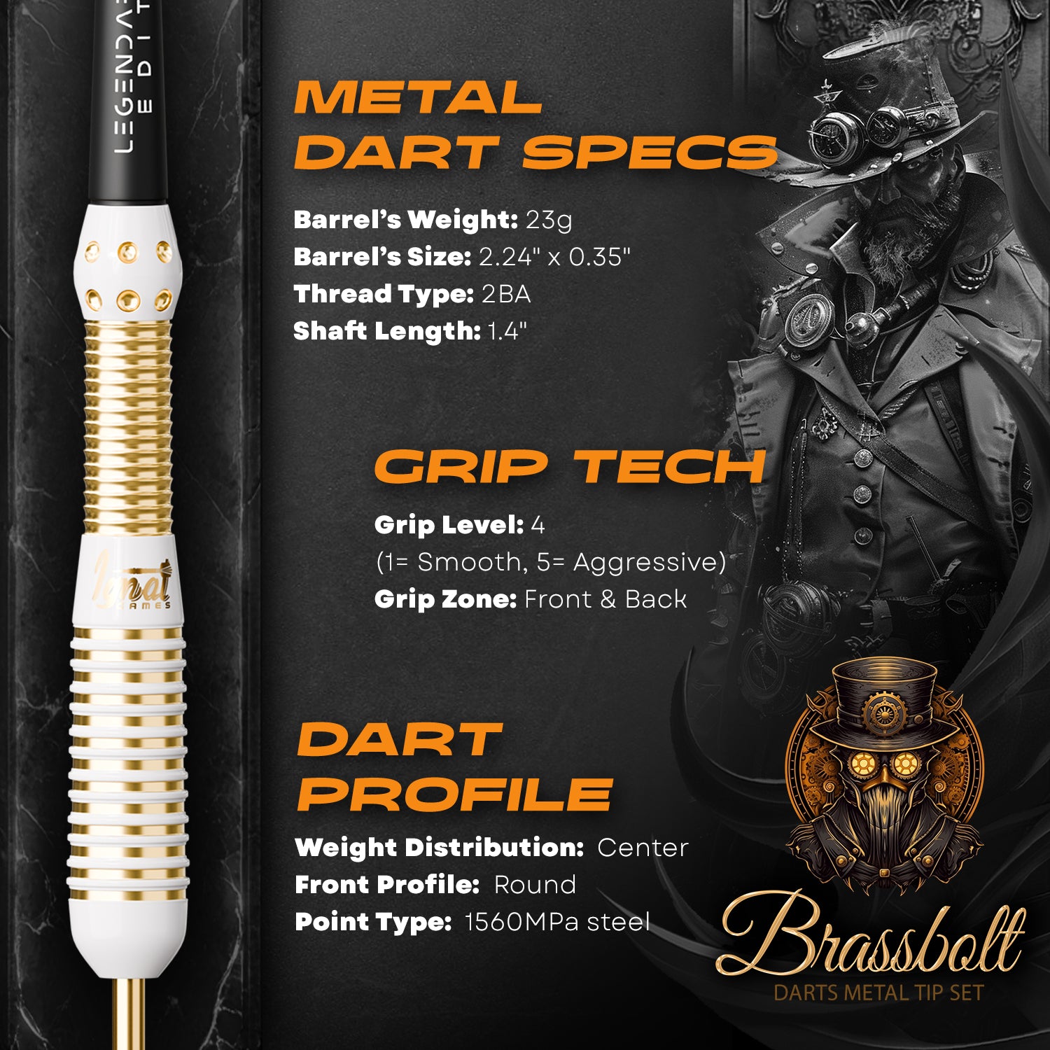 Steel Tip Darts 6 pack set - Brassbolt 23 grams