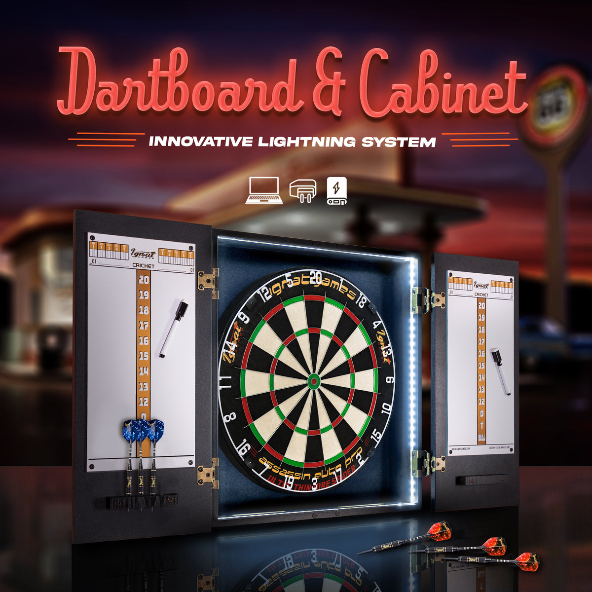 IgnatGames Bristle Dartboard Cabinet Set - Car Travel Through America