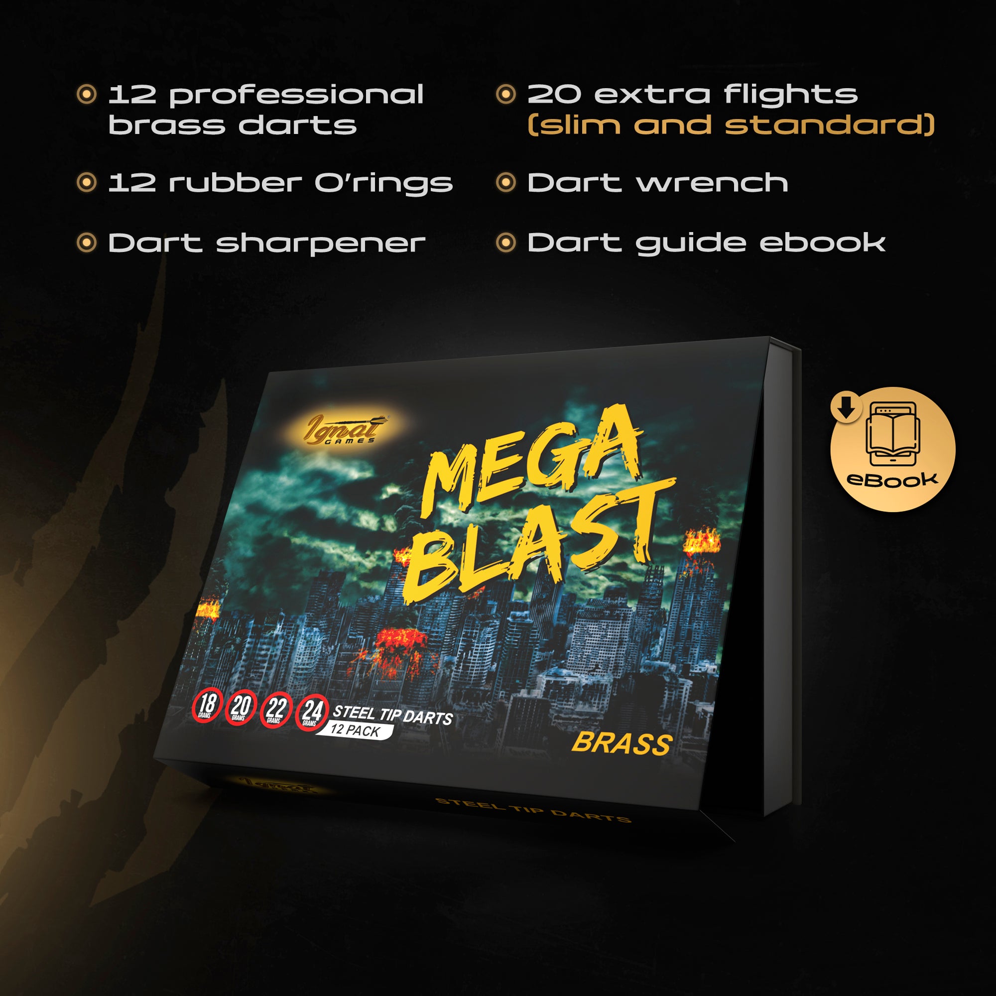Steel Tip Darts 12 pack Set - Mega Blast 18/20/22/24 grams