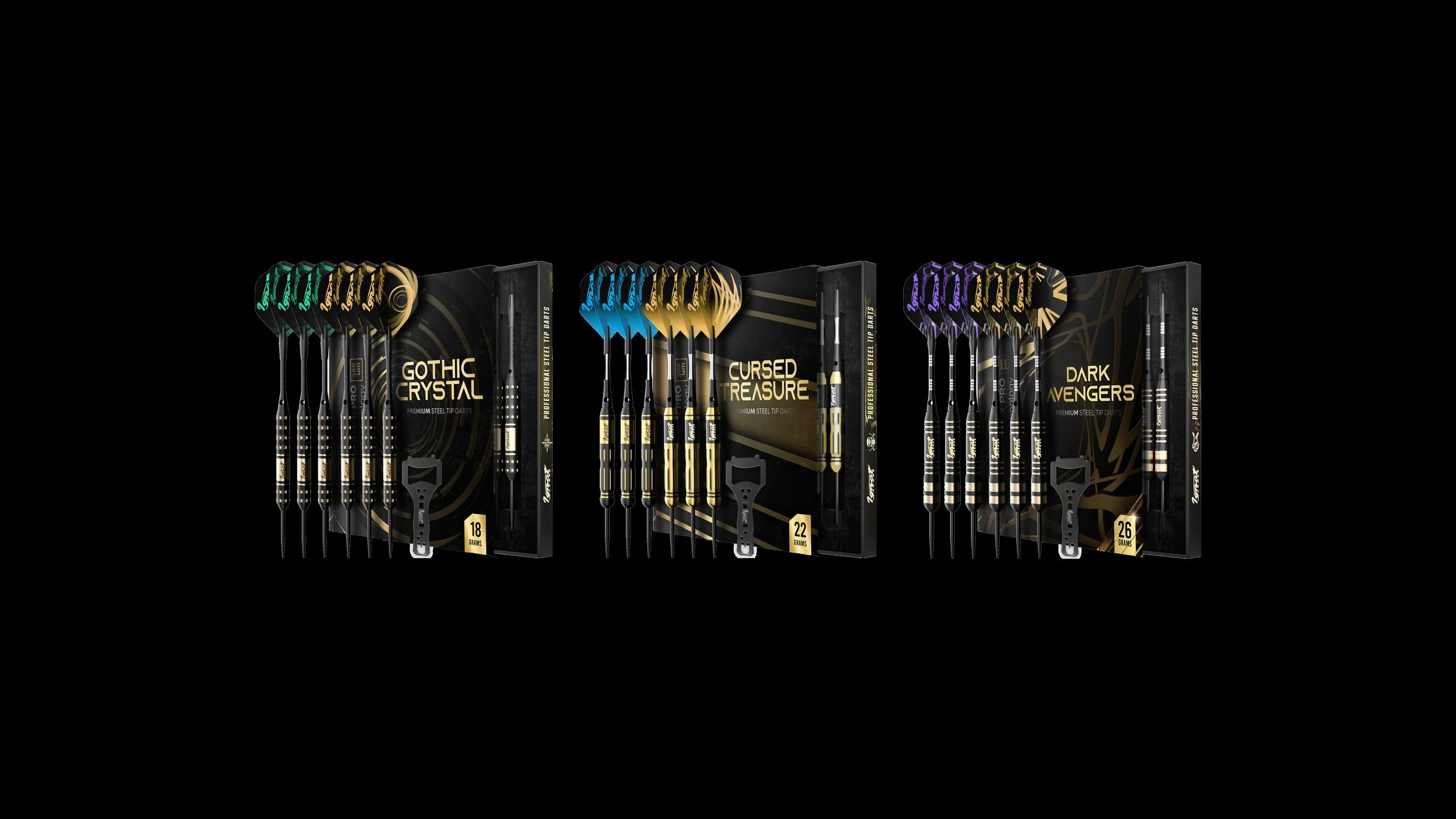 IgnatGames steel tip dart sets at 18, 22 and 26 grams shown side by side with their gift cases on a black background