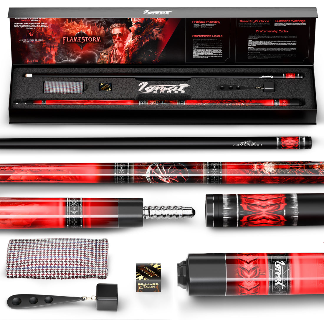 Pool Cue Stick - 2-piece, 19/20/21 oz, 58" Canadian Maple - Flamestorm