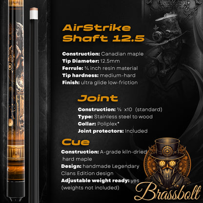 Pool Cue Stick - 2-piece, 19/20/21 oz, 58" Canadian Maple - Brassbolt