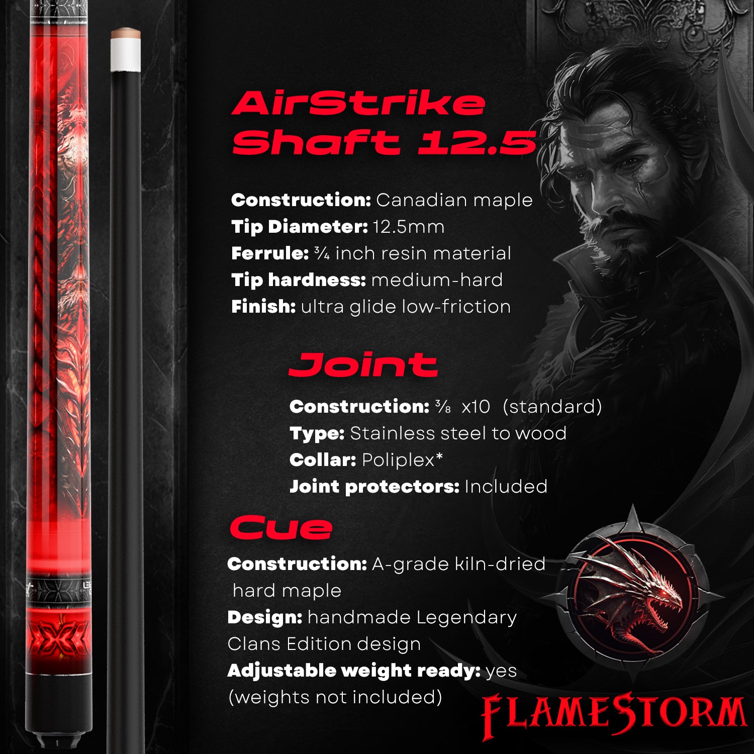 Pool Cue Stick - 2-piece, 19/20/21 oz, 58" Canadian Maple - Flamestorm