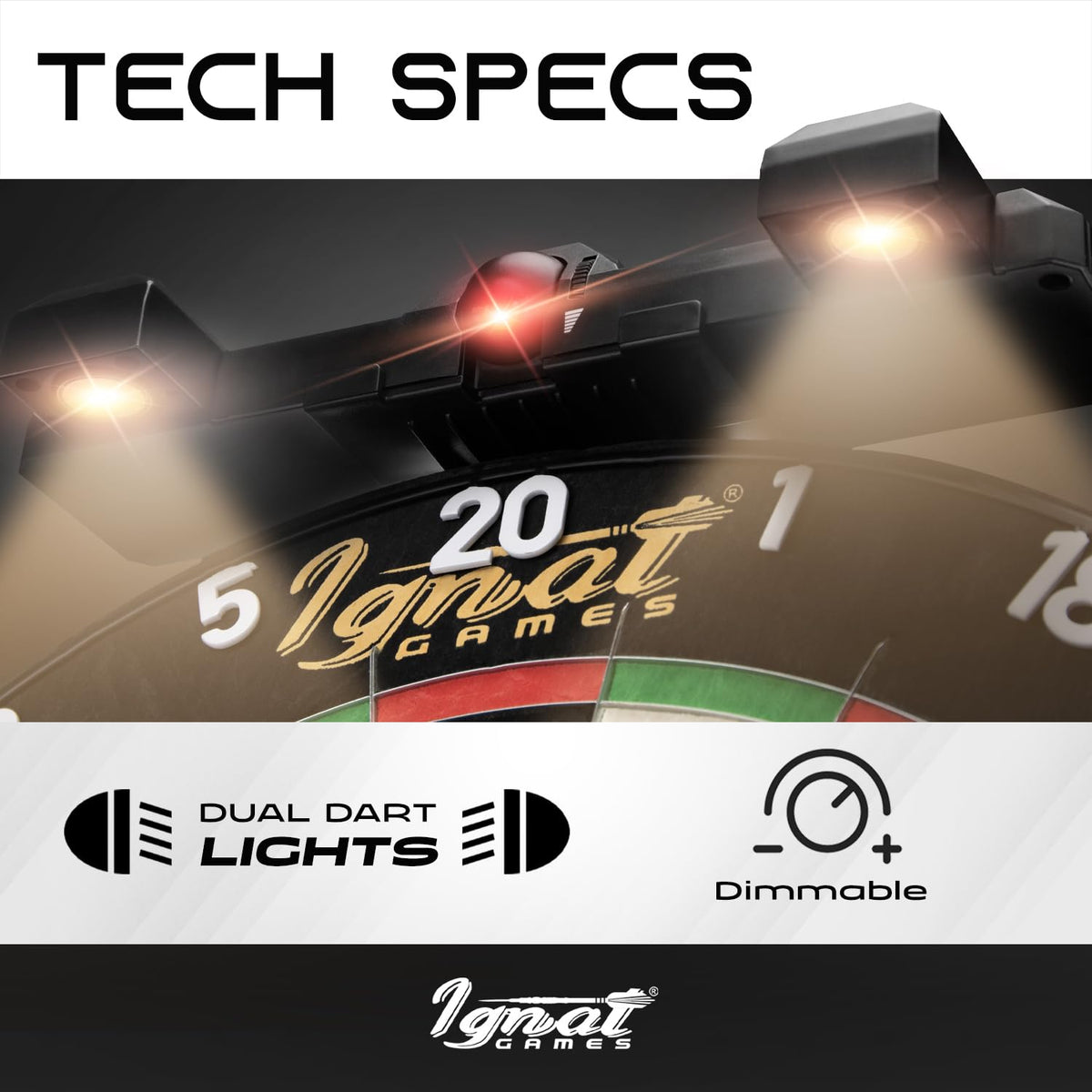 IgnatGames laser throw line with two dimmable LED lights over a dartboard