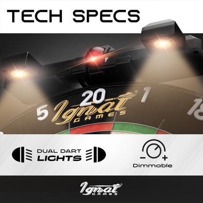 IgnatGames laser throw line with two dimmable LED lights over a dartboard