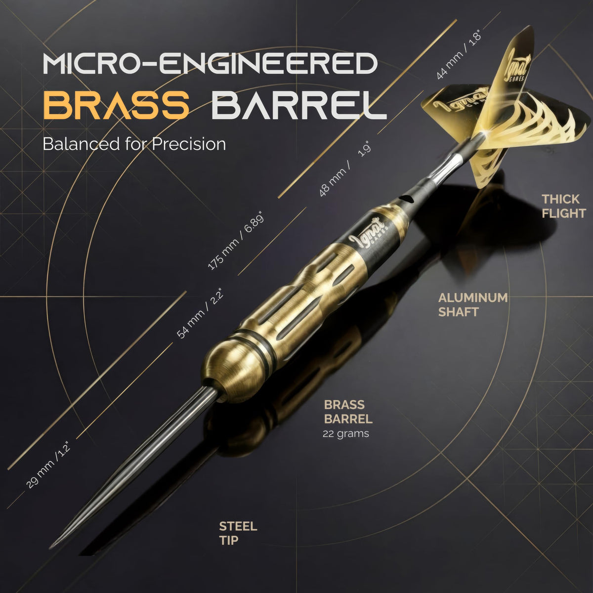 IgnatGames Darkborn Cursed Treasure 22 g steel tip dart with brass barrel, aluminum shaft and flight, with dimensions