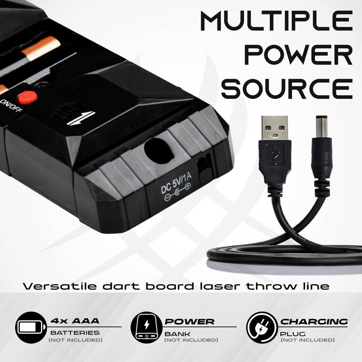 IgnatGames laser throw line power options: AAA batteries, power bank or USB charging plug