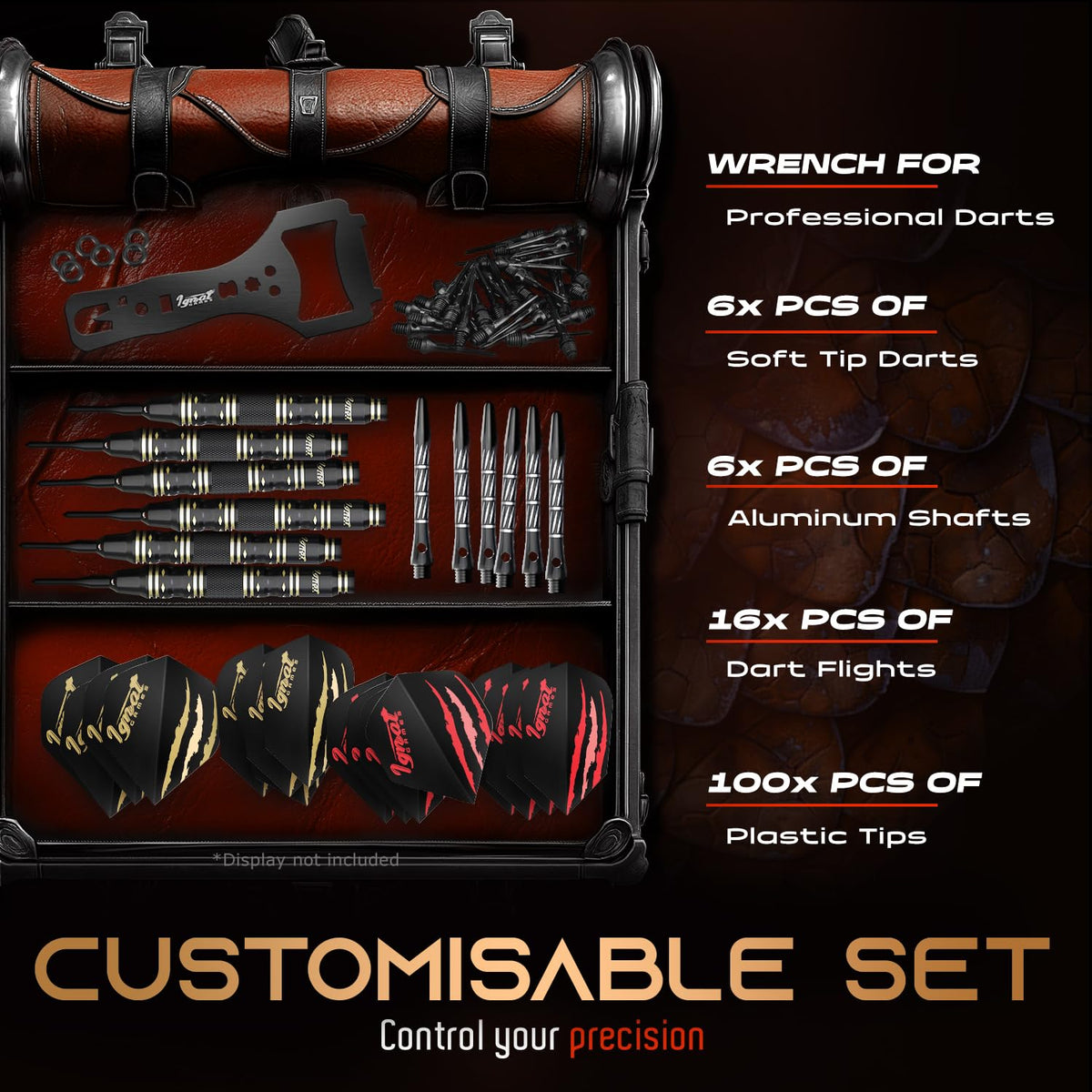 Contents of the IgnatGames Ancient Dragon 20 g set: wrench, 6 soft tip darts, 6 aluminum shafts, 16 flights and 100 plastic tips
