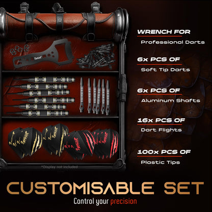 Contents of the IgnatGames Ancient Dragon 20 g set: wrench, 6 soft tip darts, 6 aluminum shafts, 16 flights and 100 plastic tips