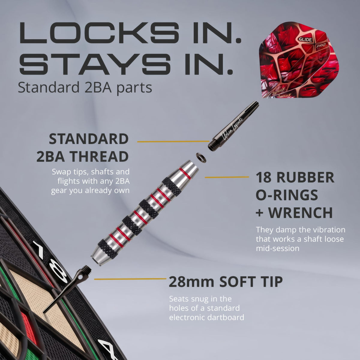 Parts of the IgnatGames Urban Legends Chicago Steel soft tip dart: 2BA thread, rubber O-rings and 28 mm soft tip