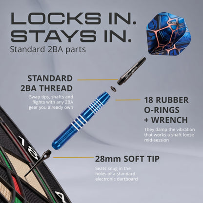 Parts of the IgnatGames Urban Legends LA Starlight soft tip dart: 2BA thread, rubber O-rings and 28 mm soft tip