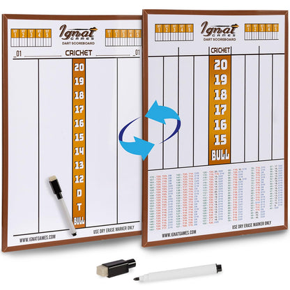 IgnatGames double-sided dry erase dart scoreboard, Cricket side and X01 side, with dry erase marker