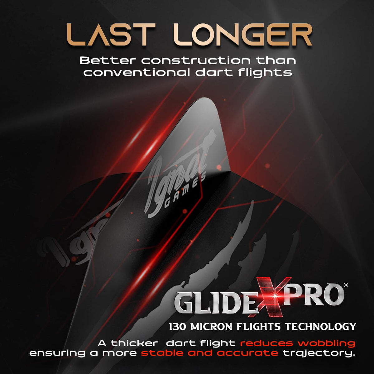 Close-up of an IgnatGames GlideXPro 130 micron dart flight
