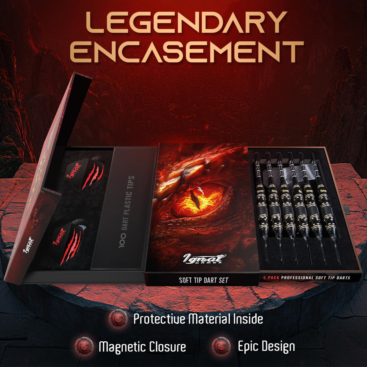 IgnatGames Ancient Dragon 20 g soft tip darts in the open magnetic case with 100 spare plastic tips
