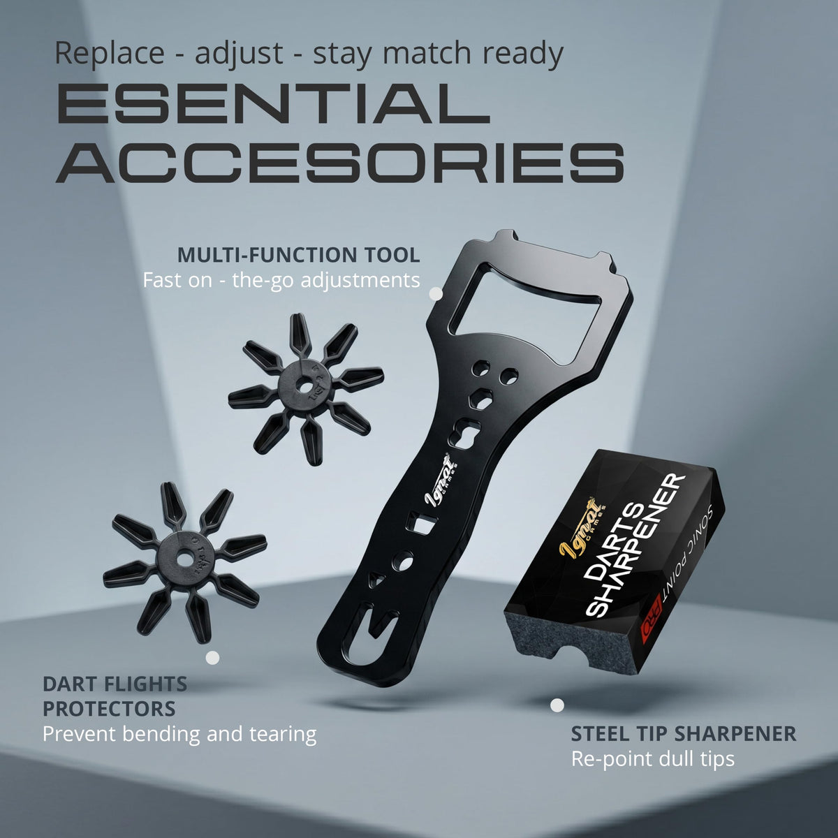 Multi-function dart tool, flight protectors and steel tip sharpener from the Urban Legends Manhattan Midnight set