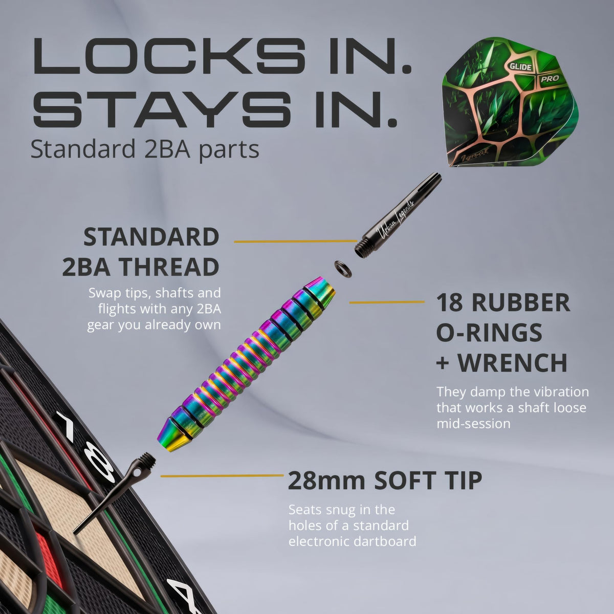 Parts of the IgnatGames Urban Legends Vegas Lights soft tip dart: 2BA thread, rubber O-rings and 28 mm soft tip