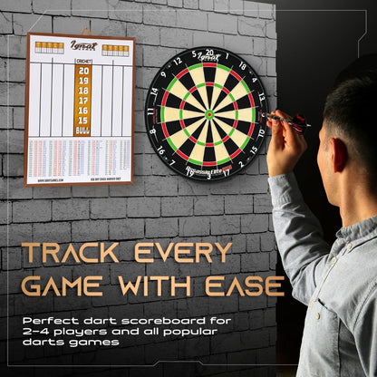 Player throwing at a dartboard next to the IgnatGames dart scoreboard