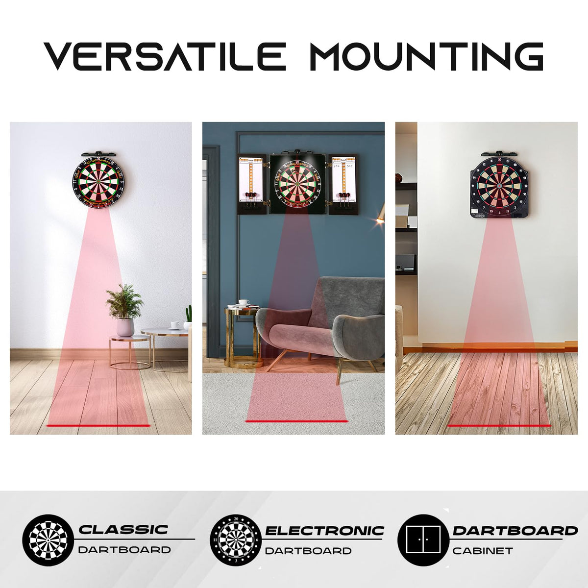 IgnatGames laser throw line used with a classic dartboard, an electronic dartboard and a dartboard cabinet