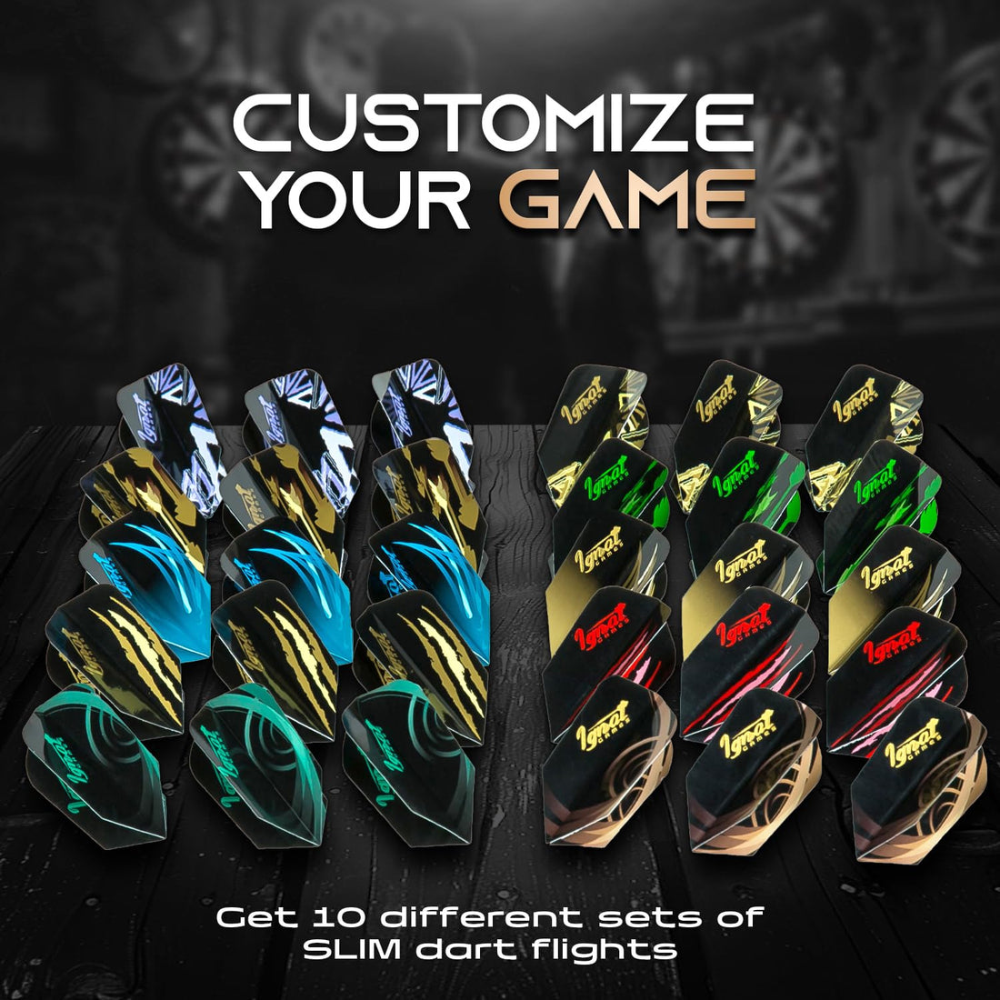 Ten sets of IgnatGames slim dart flights laid out by design