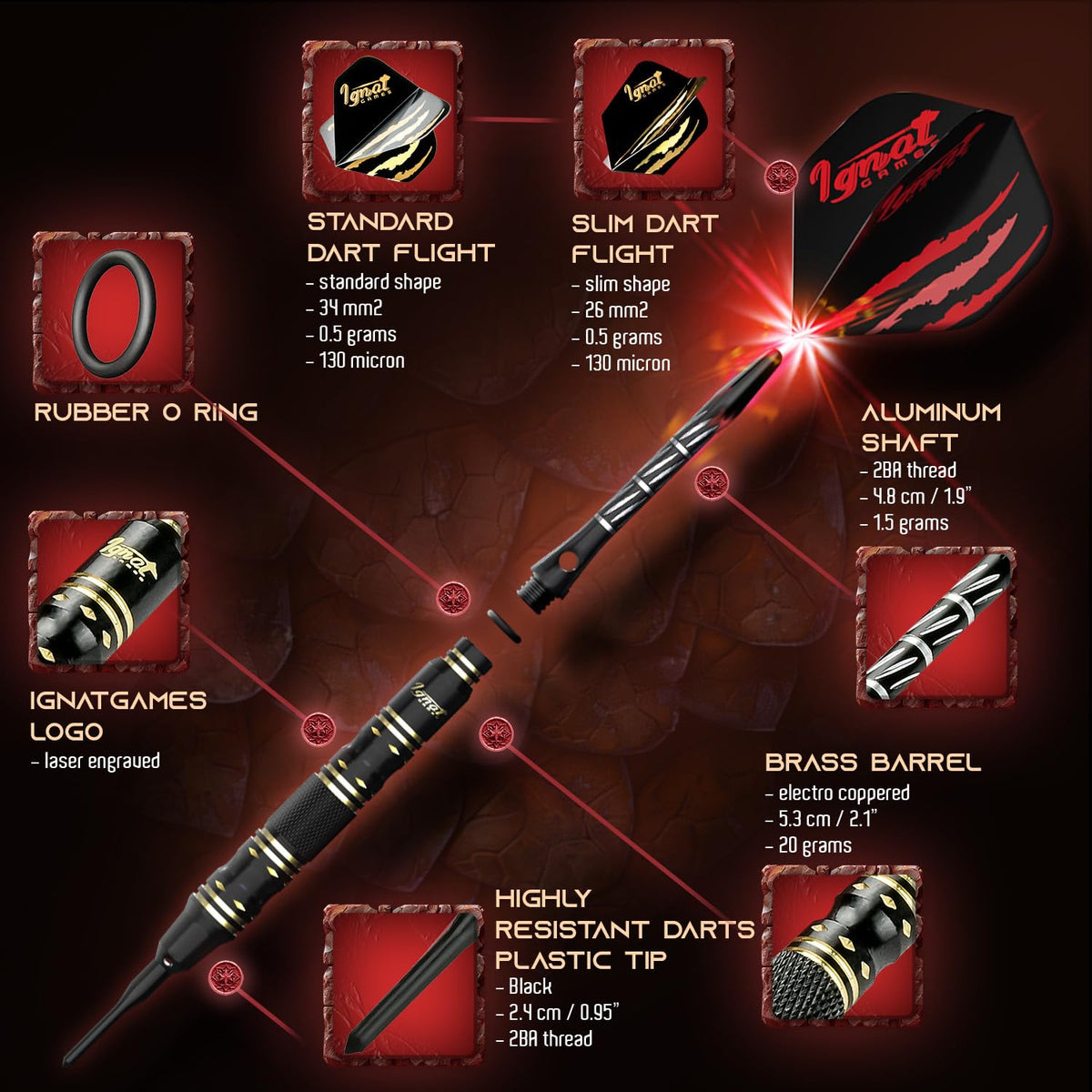 Parts of the IgnatGames Ancient Dragon 20 g soft tip dart: plastic tip, brass barrel, O-ring, aluminum shaft, standard and slim flight