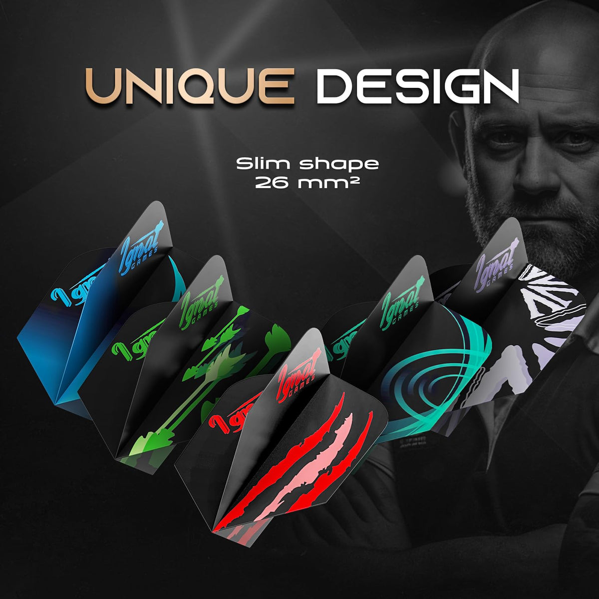 IgnatGames slim dart flights, 26 mm² shape, in several designs